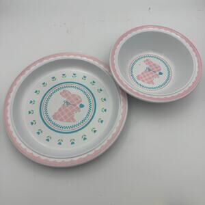 Hallmark Bunny Kids Plate Bowl Set Pink Blue Tulip Spring Easter 80s Vintage